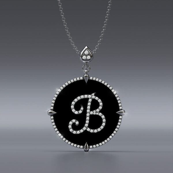 Alphabet B 14K White Gold black onyx Pendant Necklace