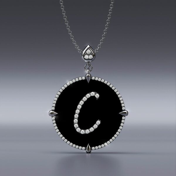 Alphabet C 14K white Gold black onyx Pendant Necklace
