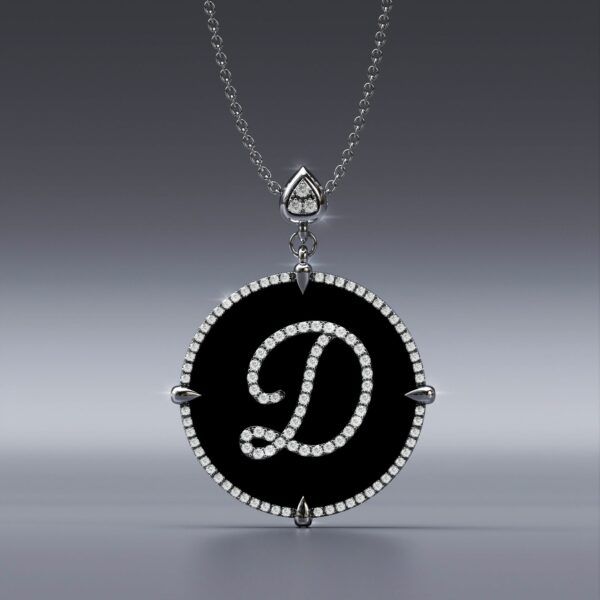 Alphabet D 14K White Gold black onyx Pendant Necklace