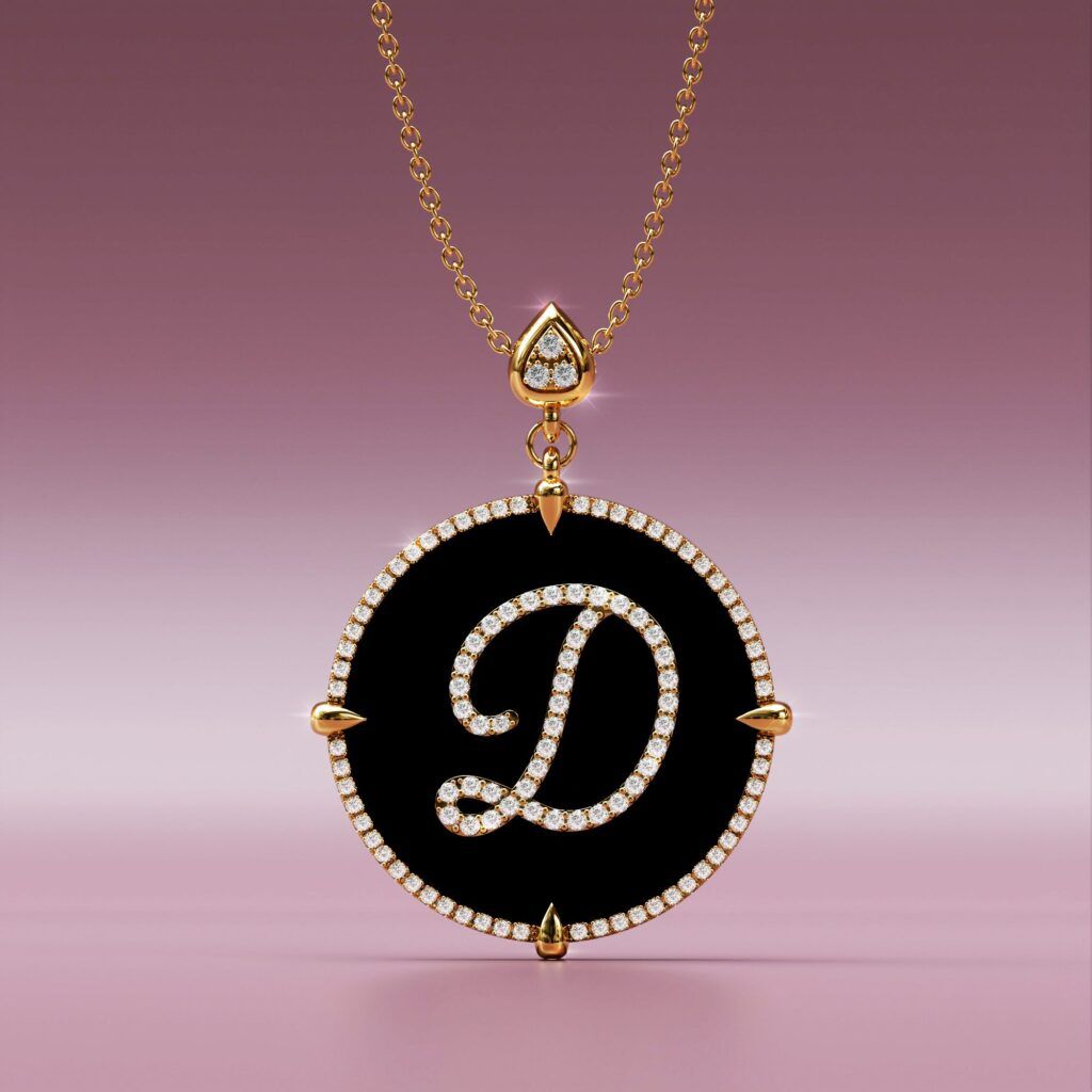 Alphabet D 14K Yellow Gold black onyx Pendant Necklace
