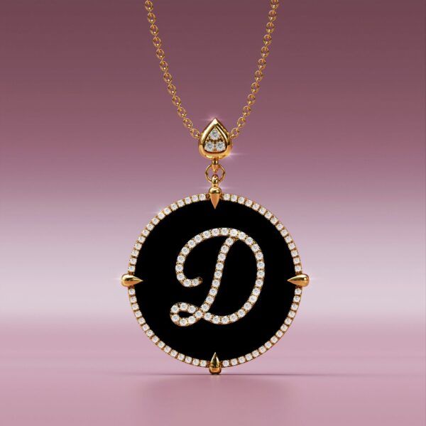 Alphabet D 14K Yellow Gold black onyx Pendant Necklace