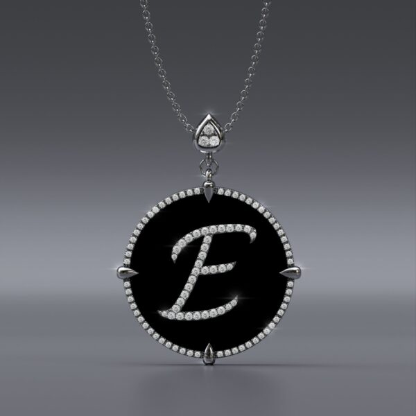 Alphabet E 14K white Gold black onyx Pendant Necklace