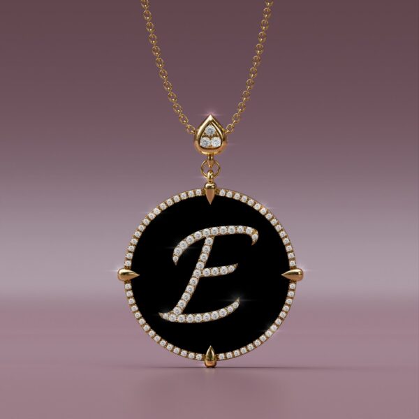 Alphabet E 14K yellow Gold black onyx Pendant Necklace