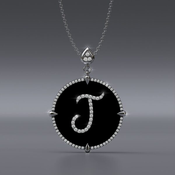 Alphabet J 14K white Gold black onyx Pendant Necklace