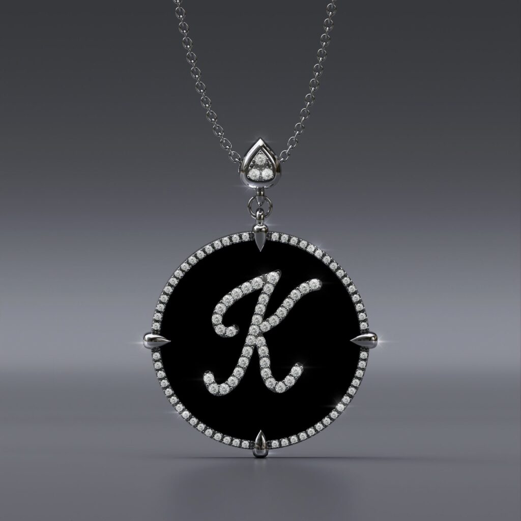 Alphabet K 14K white Gold black onyx Pendant Necklace
