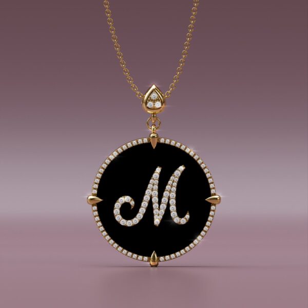 Alphabet M 14K yellow Gold black onyx Pendant Necklace