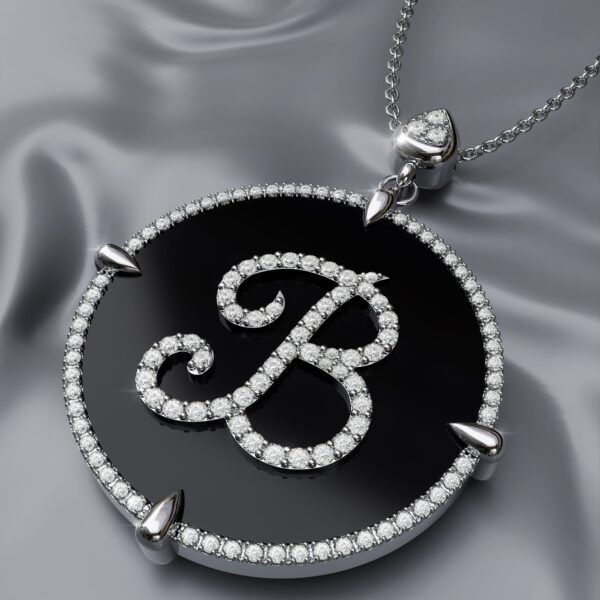 initial B white Gold black onyx Pendant Necklace for women