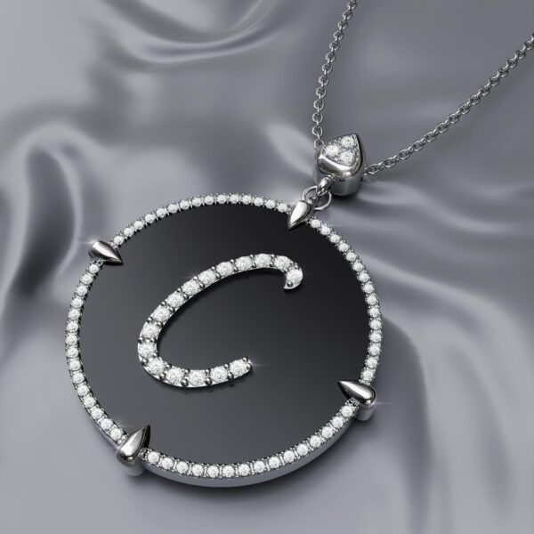 initial C White Gold black onyx Pendant Necklace for women