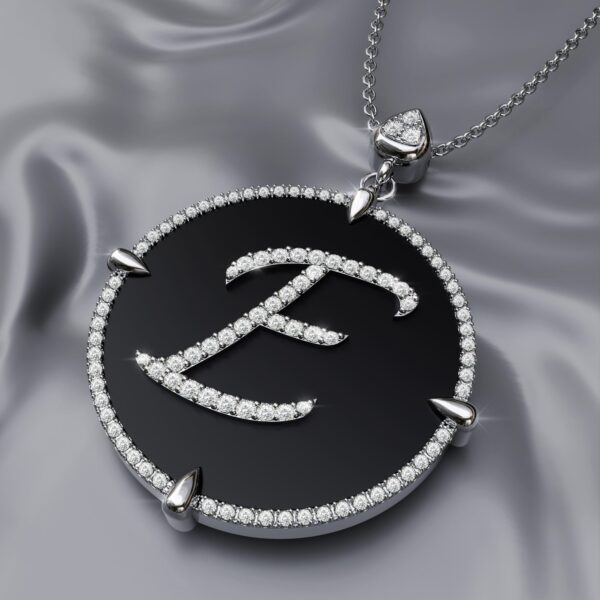 initial E white Gold black onyx Pendant Necklace for women