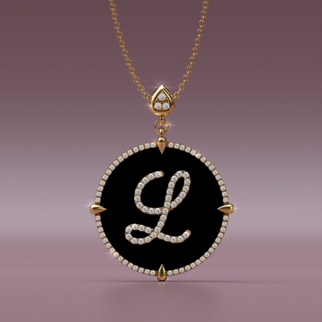 initial L yellow Gold black onyx Pendant Necklace