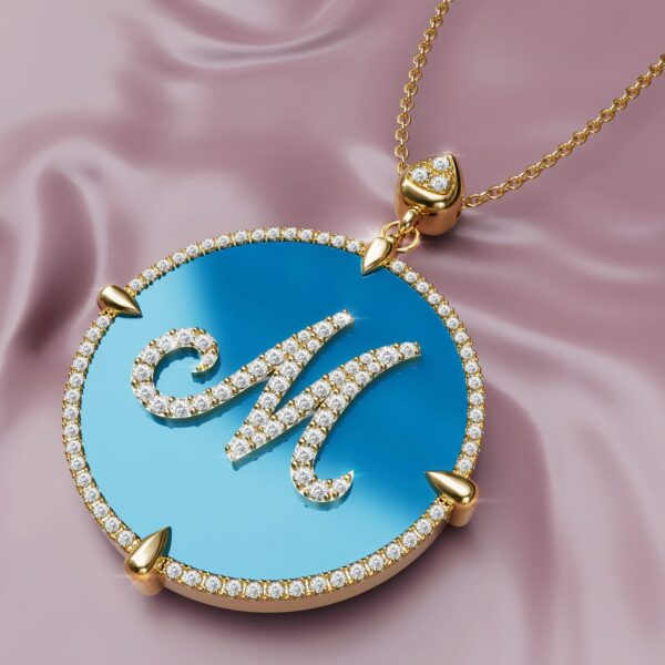 initial M Gold blue torquoise Pendant Necklace for women