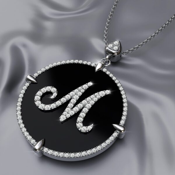 initial M white Gold black onyx Pendant Necklace for women