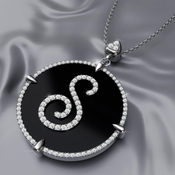 initial S white Gold black onyx Pendant Necklace for women