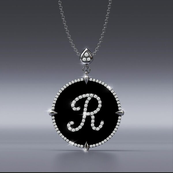 Alphabet R 14K White Gold black onyx Pendant Necklace