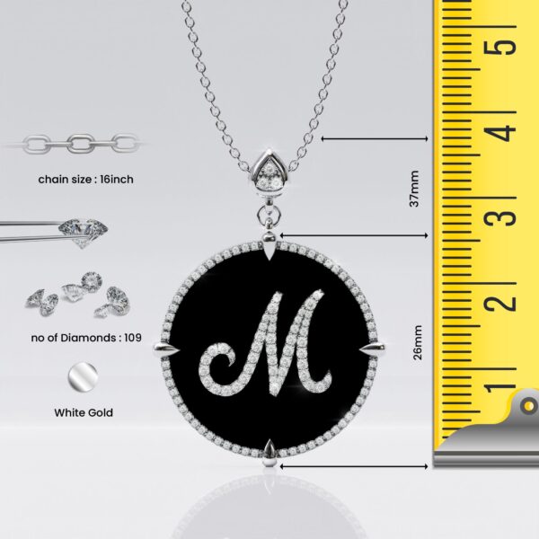 initial M 14K White Gold black onyx Pendant Necklace for women