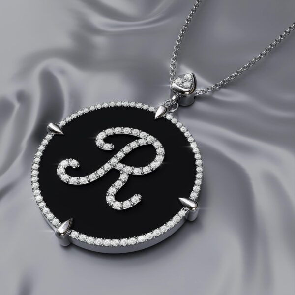 initial R white Gold black onyx Pendant Necklace for women