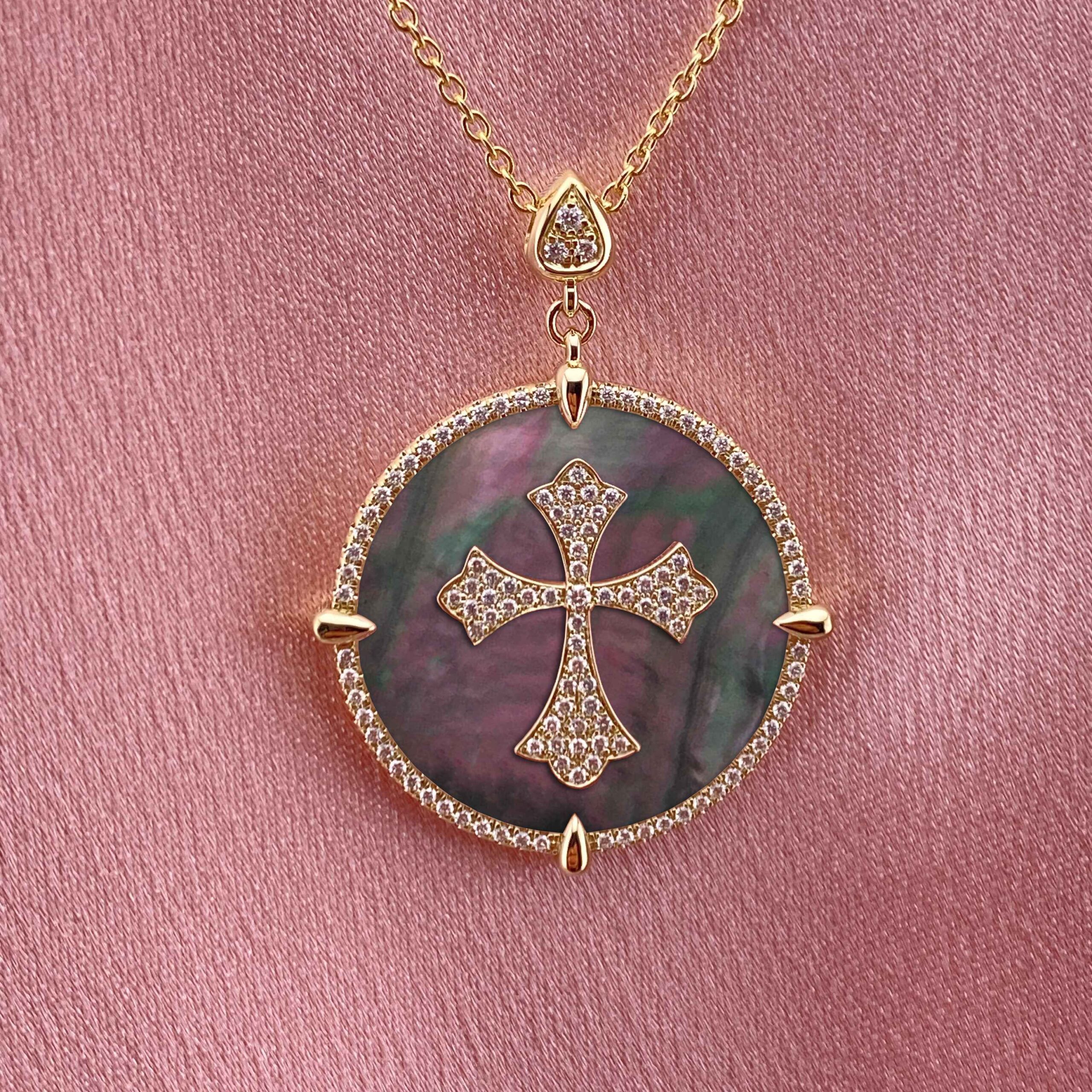 Classic Cross Diamond Pendant with Black Mother of Pearl-1